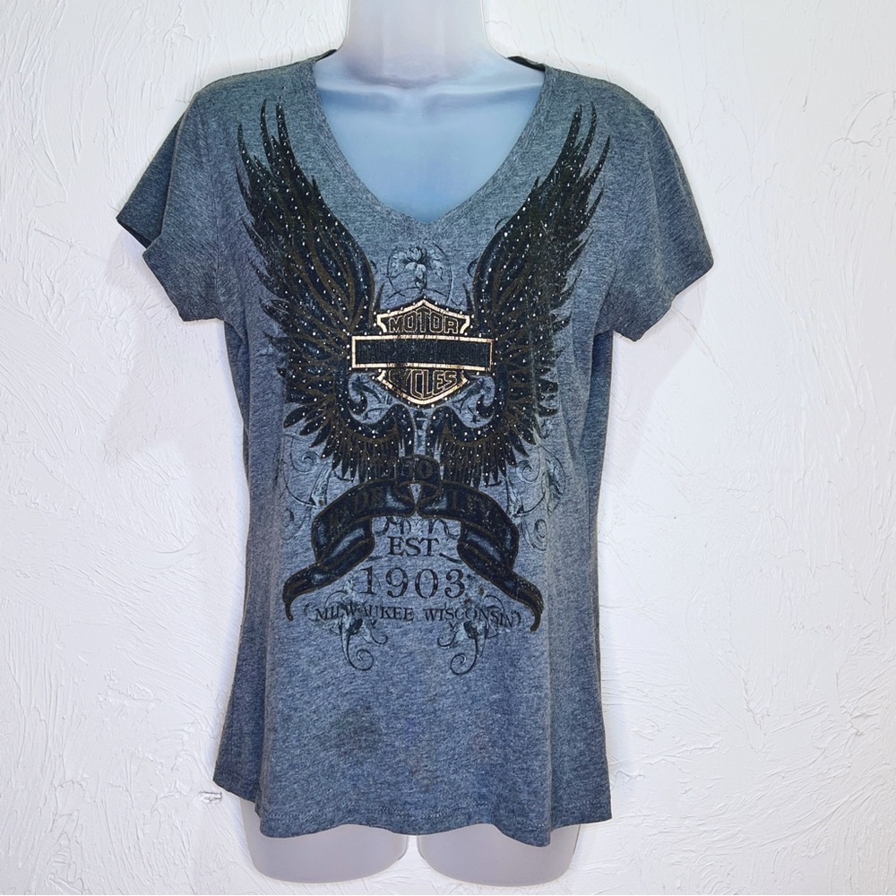 Harley Davidson Women's Burn Out Tee Gray Distressed V Neck Size L